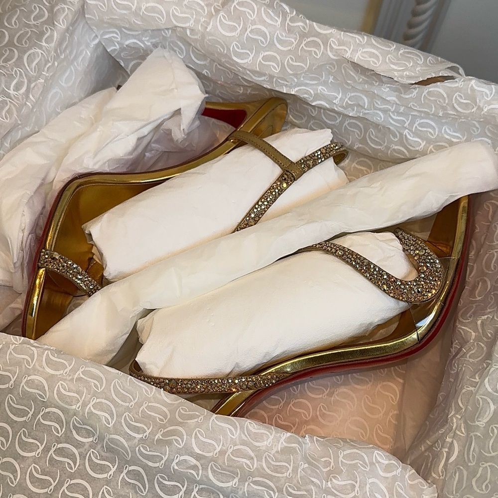 Christian Louboutin Rosalie 100mm Strass Gold Crystal Sandals 40EU - Picture 5 of 11
